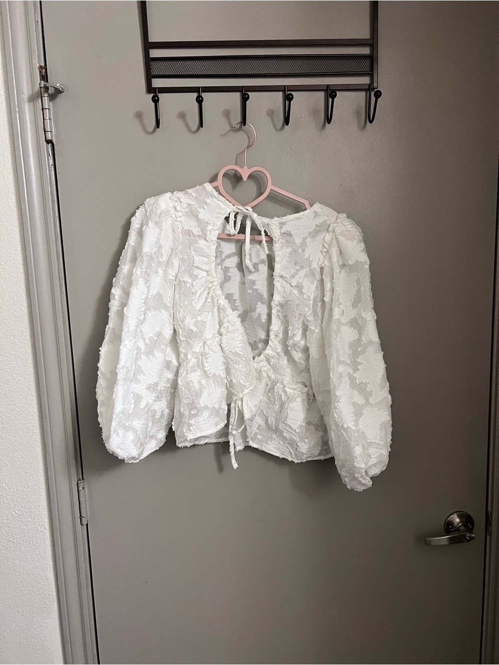 Free People White Textured Tie-Front Balloon Sleeve Blouse